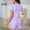 Women's Pajamas Set Short Sleeve Crew Neck Top Elastic Waist Drawstring Shorts Ruffle Lounge Set Summer 2 Piece Sleepwear Set
