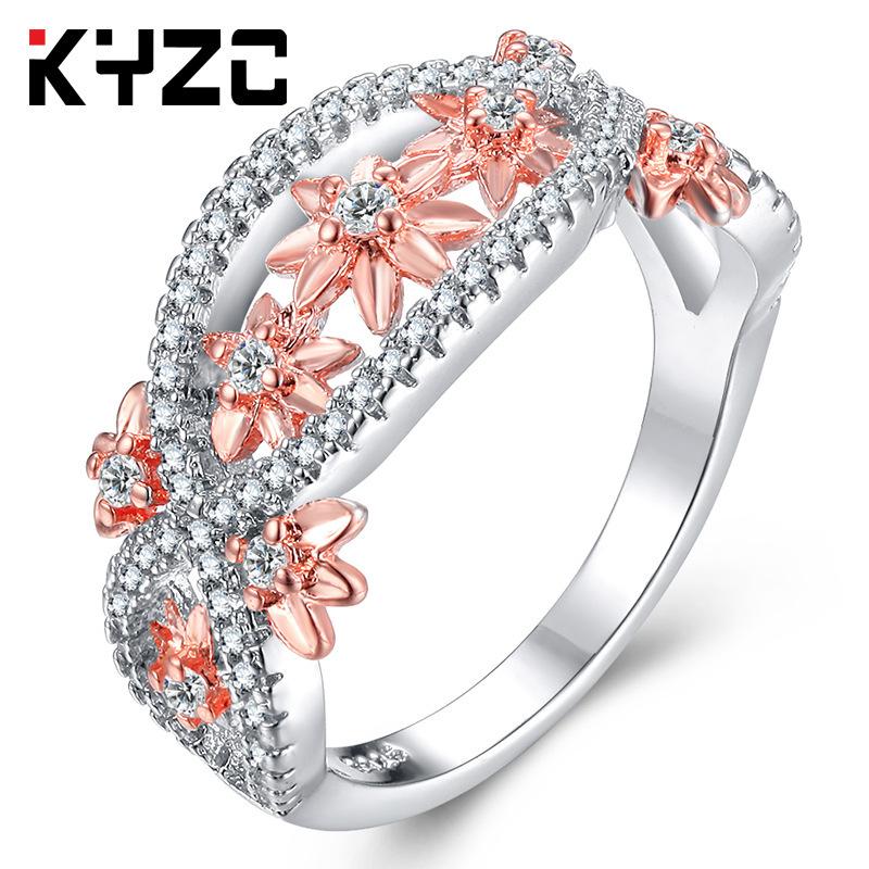 Color Separation Micro-Set Ring For Women, 18K Rose Gold-Plated Flower-Set Diamond Ring
