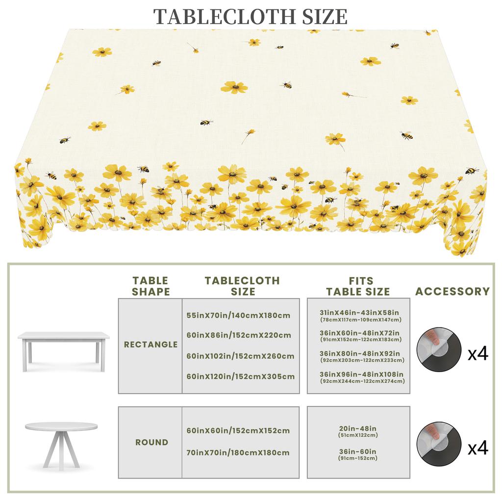 1 sztuka okrągłych i prostokątnych obrusów o tematyce wiosenno-letniej, dostępnych w różnych rozmiarach, z nadrukiem we wzór żółtych stokrotek i pszczół
