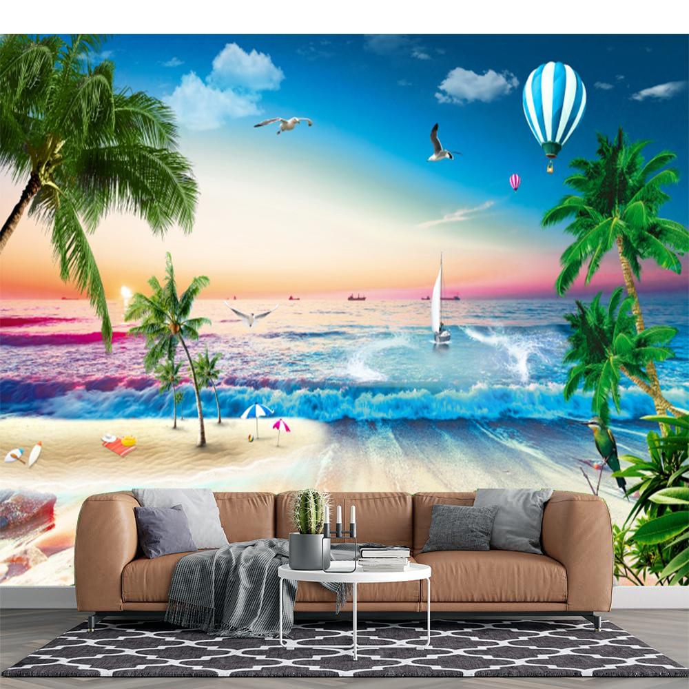 3d Beach Wall Murals Coconut Trees Wallpaper Beach Sea Birds Sailboat Murals Living Room Bedroom Wall Paper