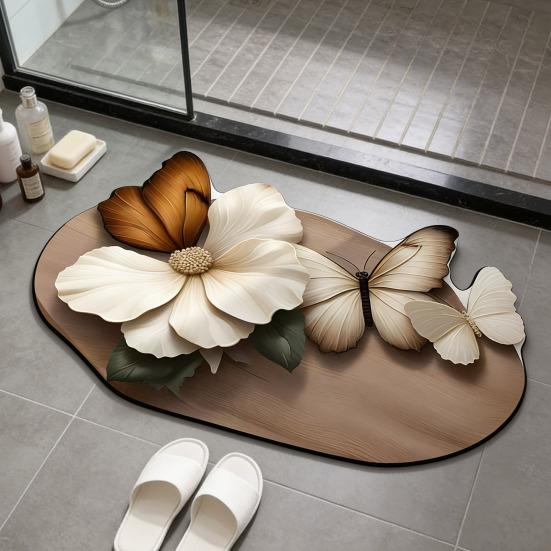 Floor Mat Quick Drying High Water Absorption 3D Realistic Butterflies Floral Pattern Anti-Slip Bathroom Mat Entryway Kitchen Rug