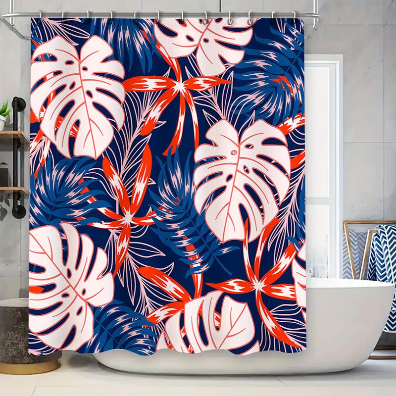 Modern Monstera Leaf Shower Curtain Navy Red White Floral Bath Decor Polyester Waterproof Fabric Customizable Size for Bathroom 90x180cm