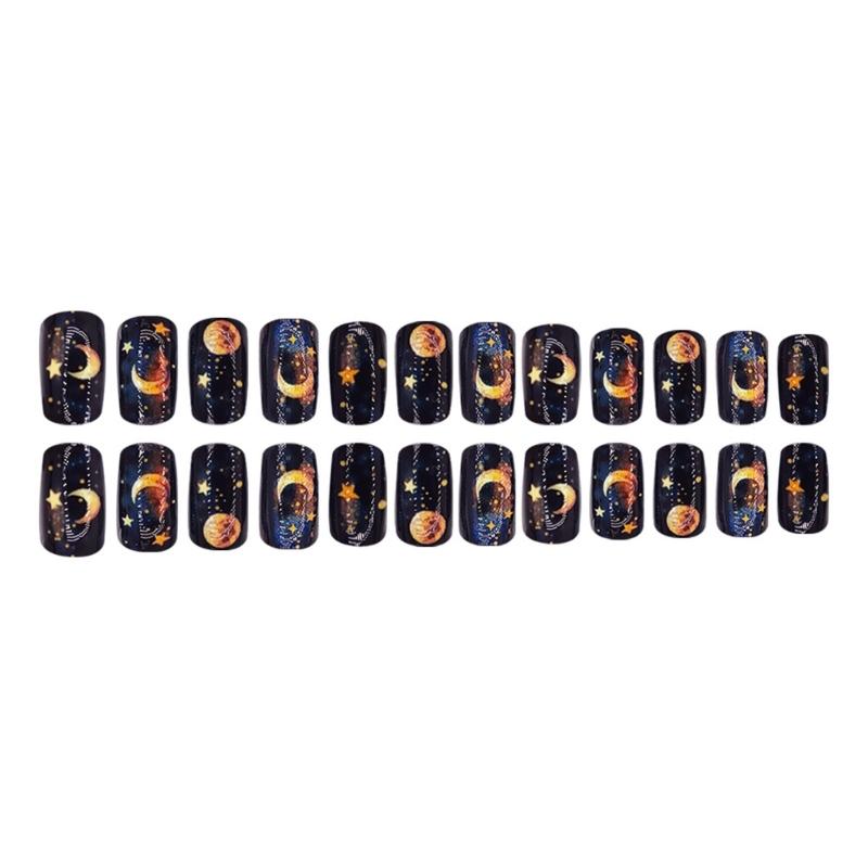 24 bucăți unghii false pătrate medii cu modele de stele și lună, acrilice lucioase, adezive, pentru femei și fete