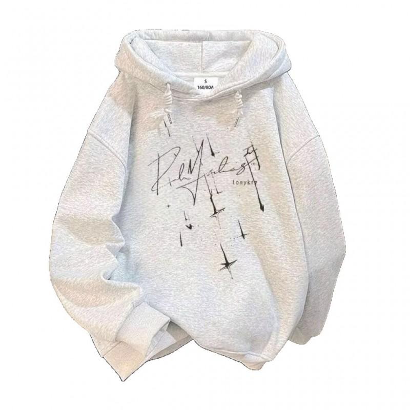 Oversized Cotton-Blend Graphic Tee Men Women - Streetwear Style Loose Fit Long Sleeve Hoodie With 3D Pouch Pocket
