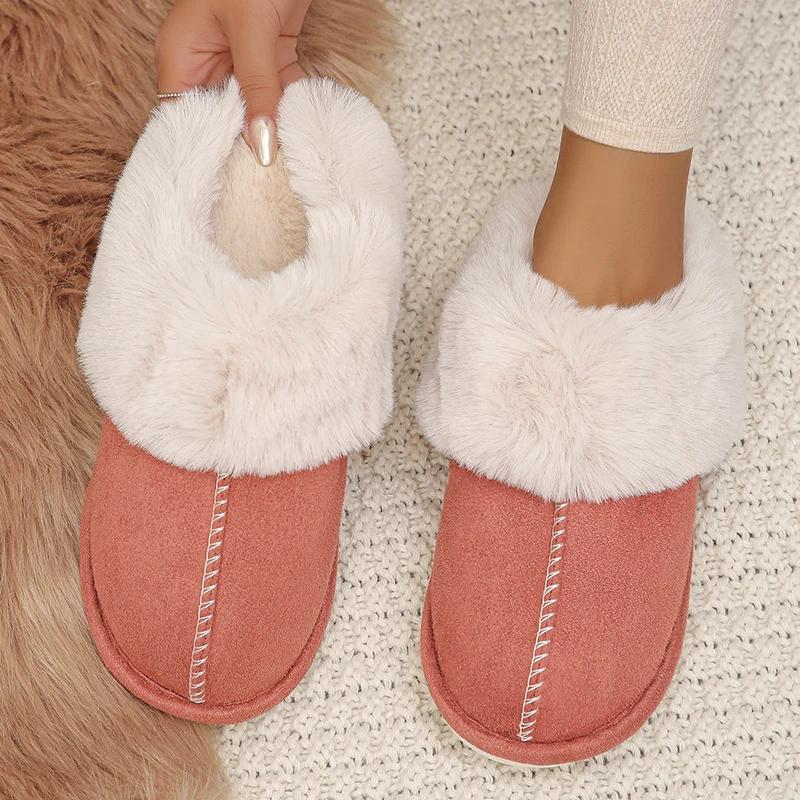 Fashion Closed Toe Warm Cotton Slippers Women Faux Fur Thicken Plush Winter Home Shoes Woman Lightweight Casual Indoor Slides Female