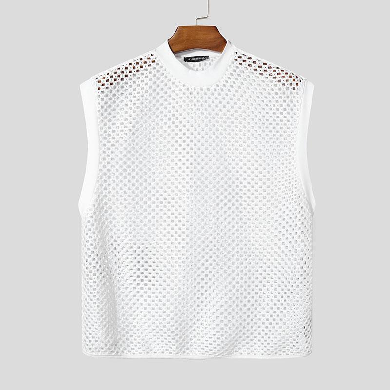 

INCERUN Summer Men Sleeveless See Through Beach Casual Hollow Out Tanks Tops 3XL