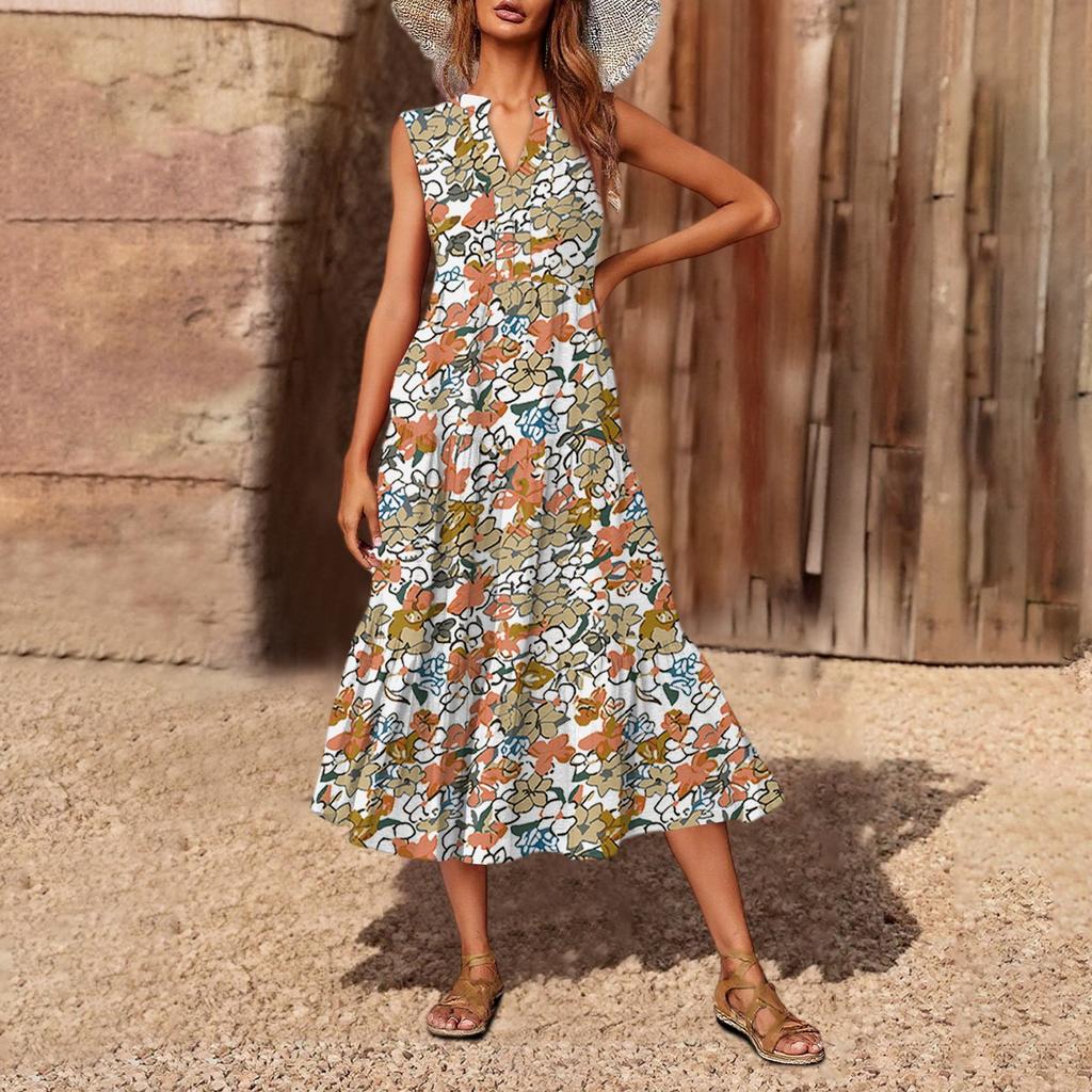 Women's Casual And Fashionable V-neck Sleeveless Printing Mid Length Dress