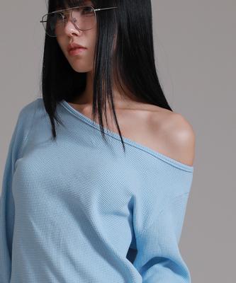LIKE THE MOST Women'S Waffle Boat Neck Shoulder Loose Fit Long Sleeve T-Shirt_Sky Blue