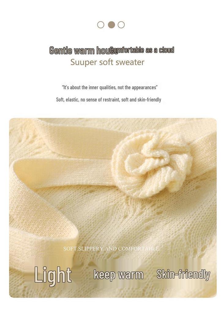 Korean Sweet Style 3D Floral Ribbon Wool Knit Top with Hollow Long Sleeves