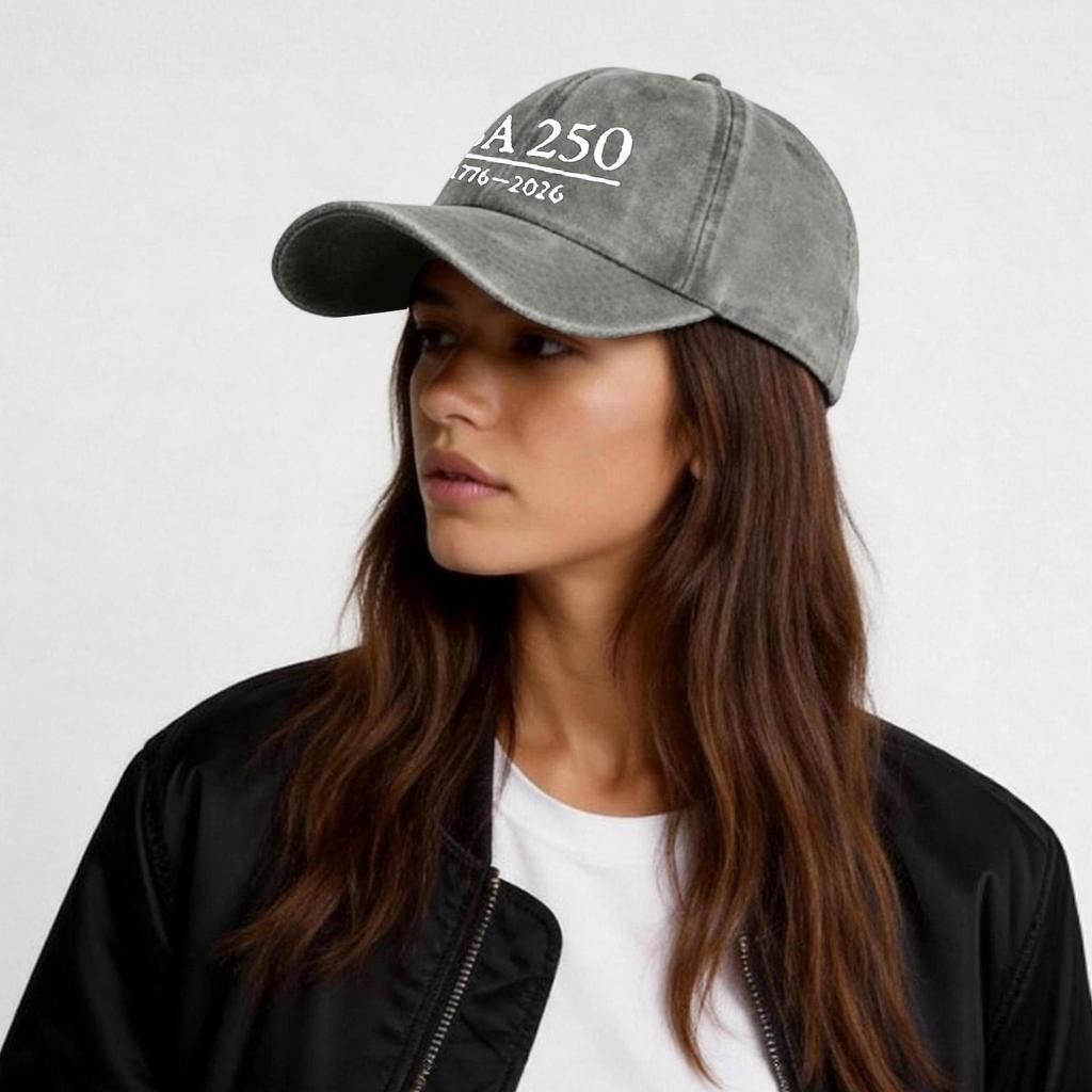 Berretto da baseball casual lavato effetto invecchiato con ricamo USA 250 e elementi di data, cinturino regolabile, cappello unisex per l'uso quotidiano