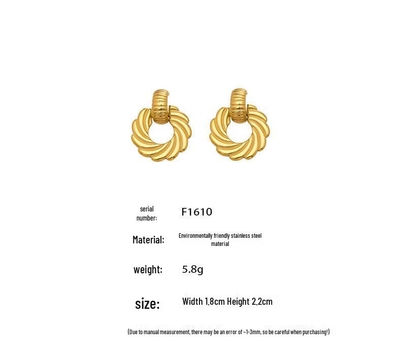 18K Gold Plated Twisted Circle Stud Earrings - European & American Fashion, Stainless Steel Whirlwind Design