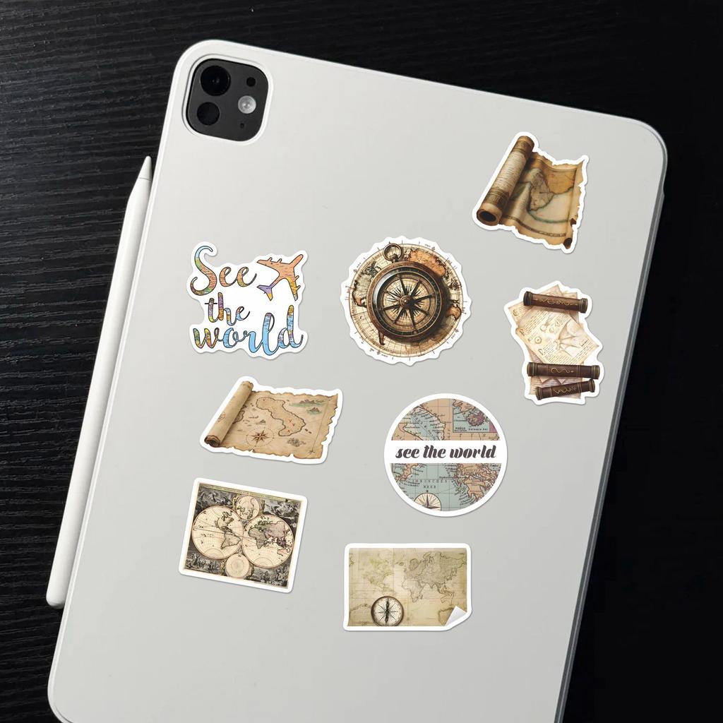 56-Piece Retro Travel Map Sticker Set, DIY Scrapbook & Journal Waterproof Material