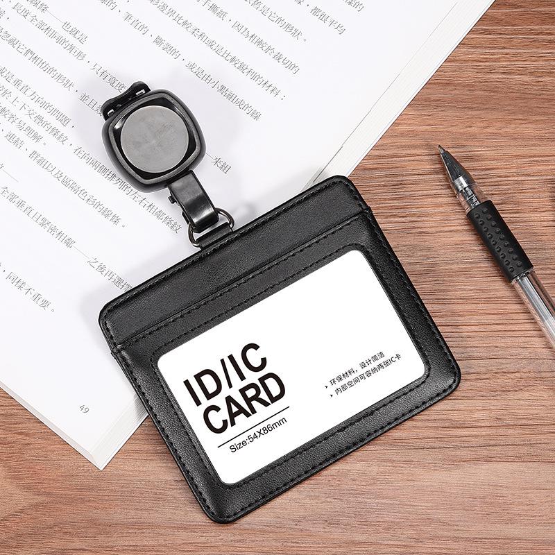 Dual-Use Genuine Leather ID Card Holder with Retractable Lanyard: Horizontal & Vertical Slots for Employee Badge or Exhibition Tag