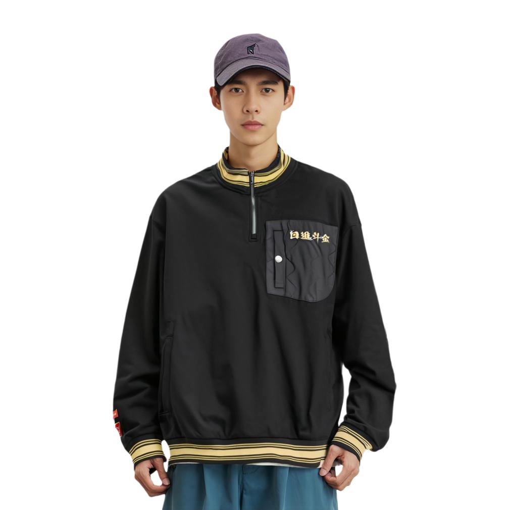 Li Ning Sports Lifestyle Series Half Zip Pullover Striped Sweatshirt With Front Pocket Text Design Unisex Sweatshirt Black AWDS161-2