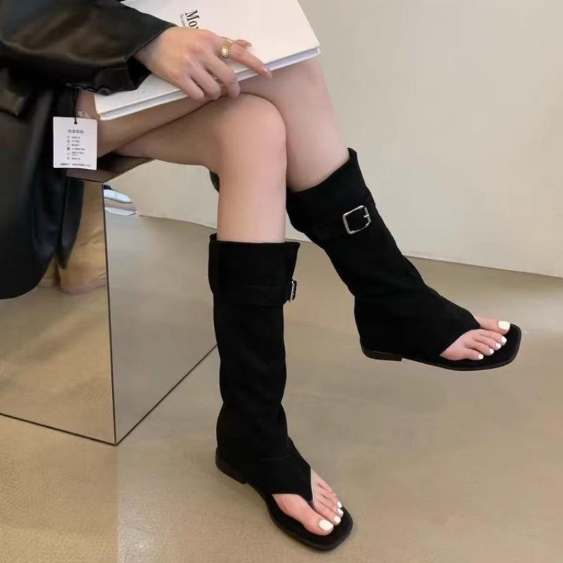 Fashion New Popular Women Sexy Black Suede Ruffled Boots Women Summer Clip Toe Flat Gladiator Sandals Woman Western Cowboy Boots Sandals