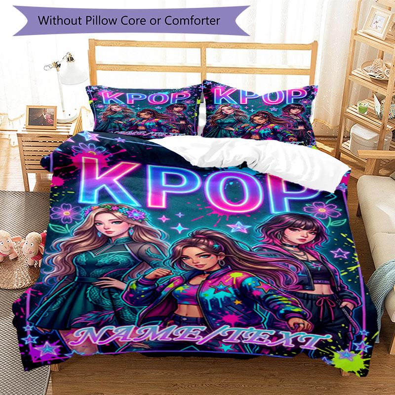 3PC Custom Name KPOP Neon Fashion Bedding Set Duvet Cover Closure Includes 1 Duvet Cover & 2 Pillowcases for Bedroom