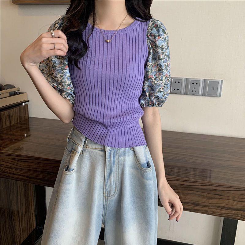 

Трикотажная рубашка с французскими рукавами-пузырями, женская, тонкая, летняя, утягивающая, короткая, топ one size фиолетовый