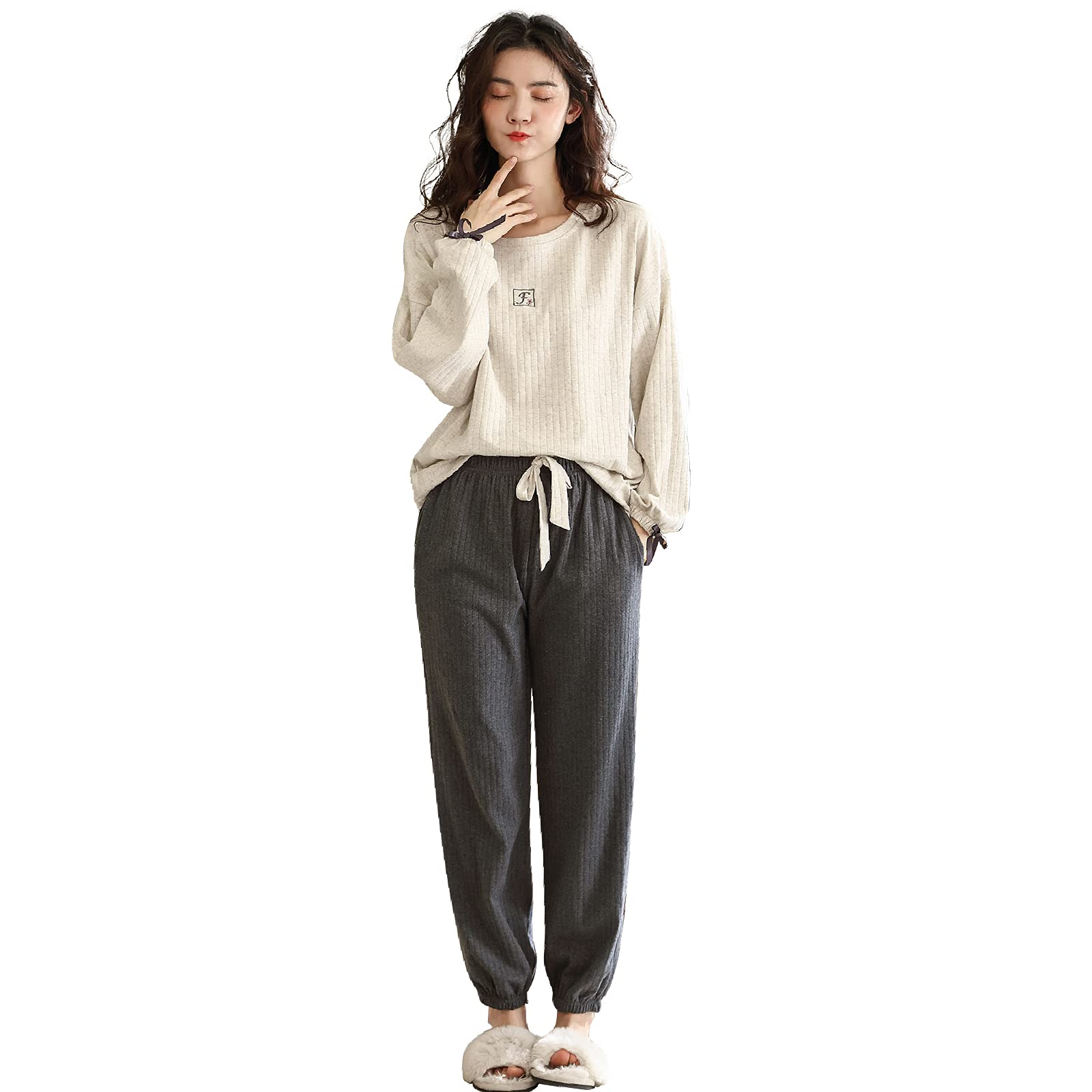 

Long Crew Top and Bottom Sweat MNew Cream [YUSHOW] Women s Pajamas, Sleeves, 100% Cotton, Cute, Neck, Sweatshirt, Set, Loungewear, Girls, Loungewear,