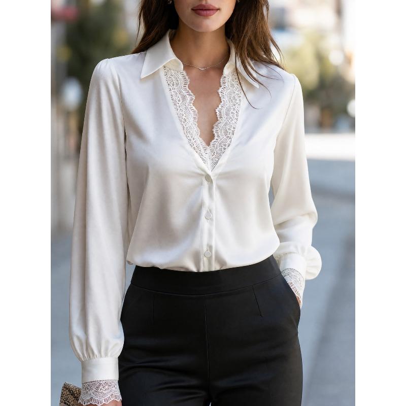 TIFICY Women's Fashion Casual Spring Autumn Solid Color Print Long Sleeve POLO Neck Blouses & Shirts