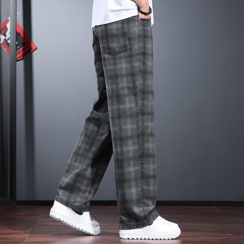 Men's Retro Washed Plaid Straight Loose Cargo Pants