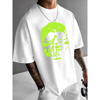 Fluoreszierendes Totenkopf-Print Herren Freizeit-T-Shirt, Sommer Herren Rundhals Kurzarm-T-Shirt Herren Mode Vielseitig Trendiger Print Kurzarm