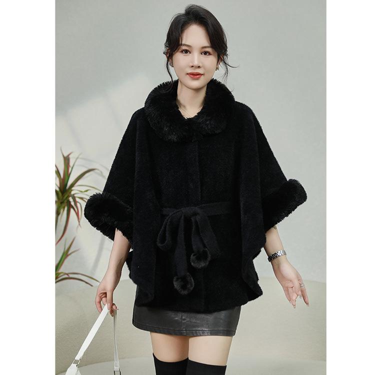 Big Fur Collar High-End Belt Shawl Cape Temperament Stand-Up Collar Short Coat Women