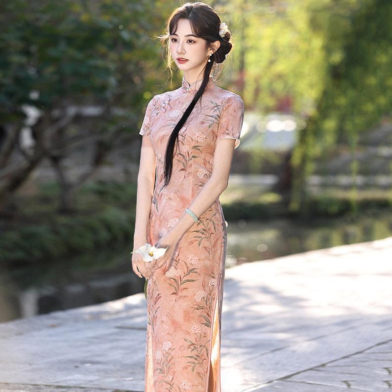 Pink national style new Chinese Suzhou long cheongsam improved young 1011 new women's high-end sense can be worn daily