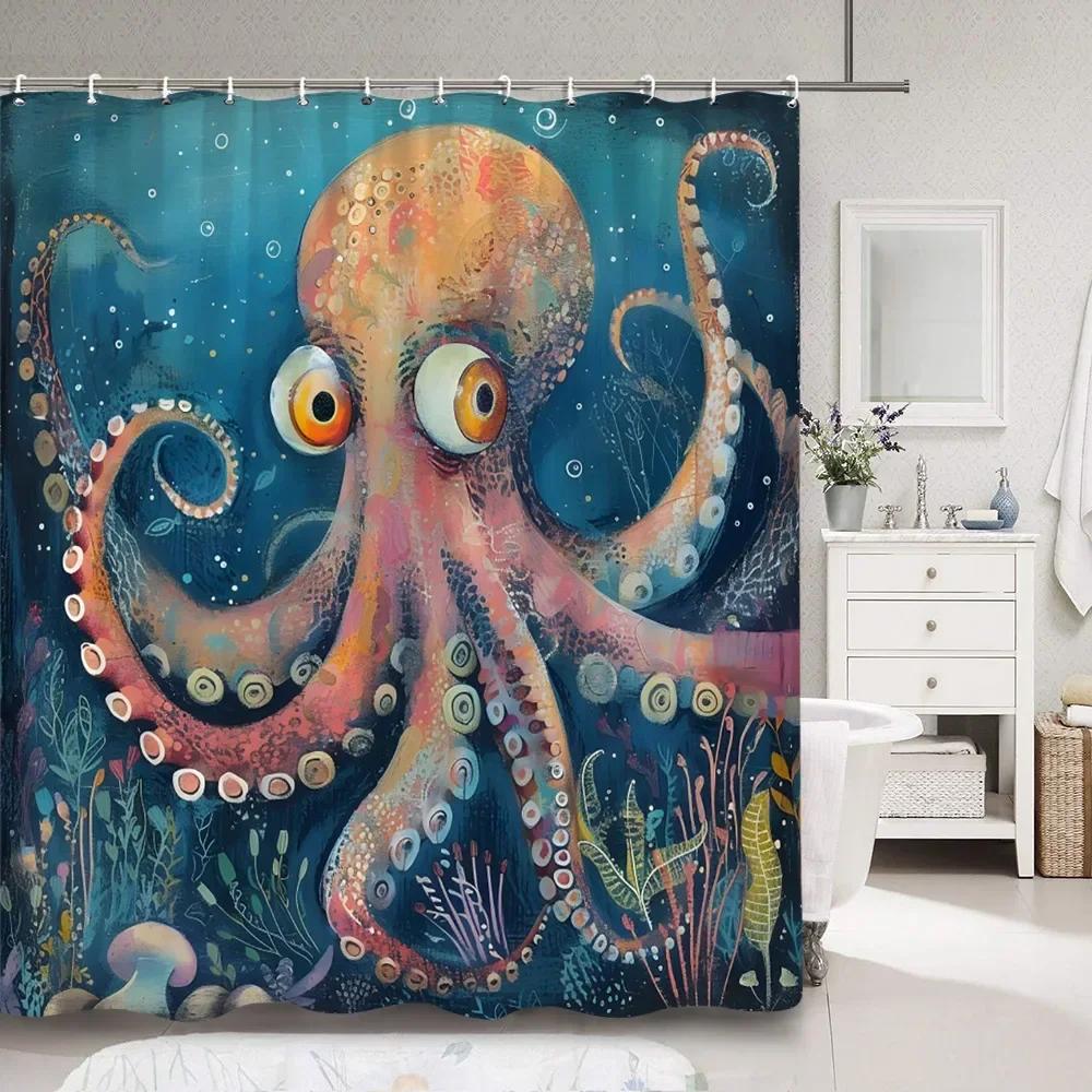 Horror Sea Monster Octopus Shower Curtain Dark Sailboat Ocean Vintage Pirate Ship Wave Polyester Shower Curtains Bathroom Decor