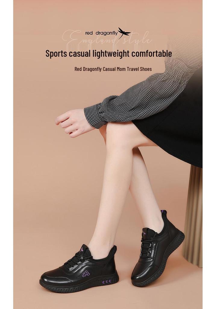 Red Dragonfly Women's Genuine Leather Casual Sports Shoes - Autumn/Winter Warm Plush Cotton Lined Sneakers.