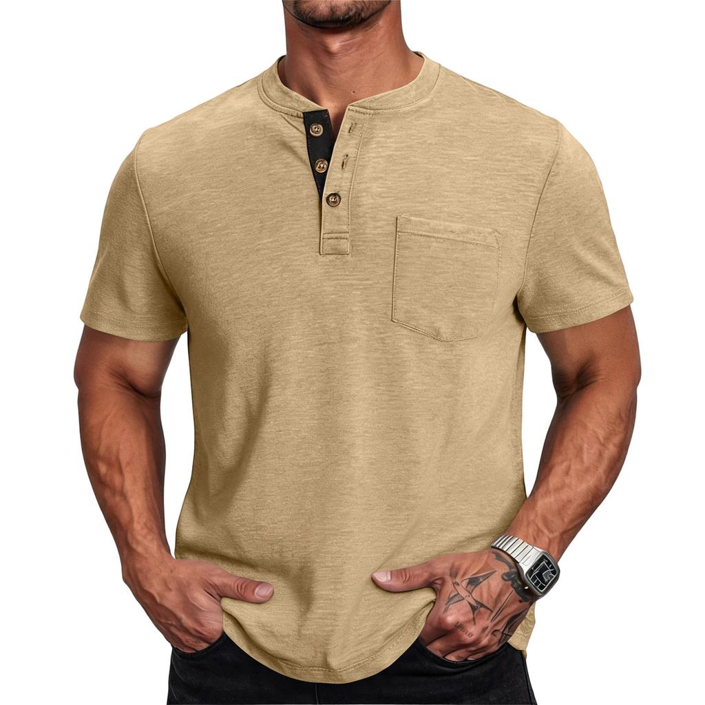 Men Henley Neck Short Sleeve T Shirt Casual Basic Button Front Athletic Fit Pullover Top with Chest Pocket for Everyday Wear