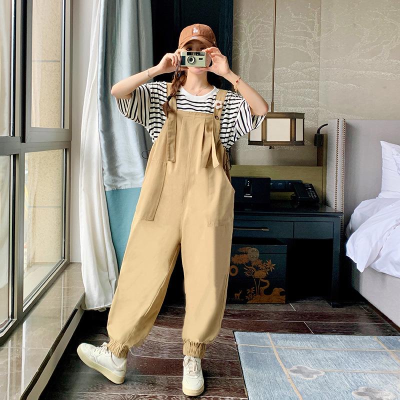 Khaki Women's Age-Defying Overalls and T-Shirt Set - Spring/Summer 2024 Korean Style