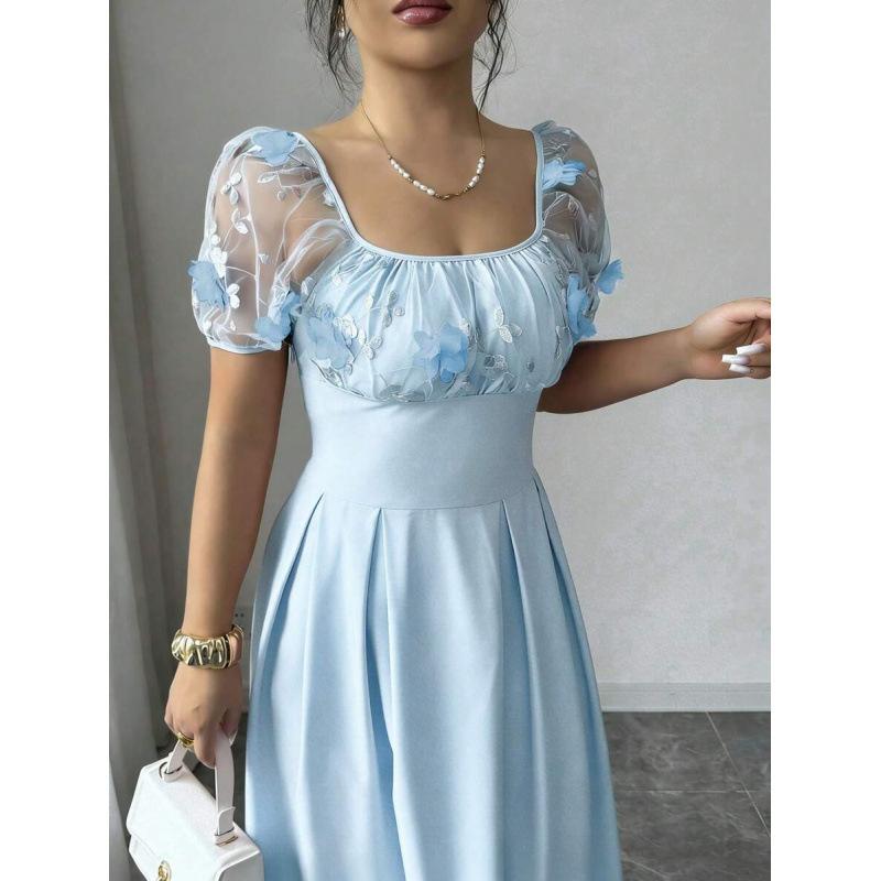 Europe, America 2026 summer new fashion square neck bubble sleeve lace waist slim romantic elegant dress