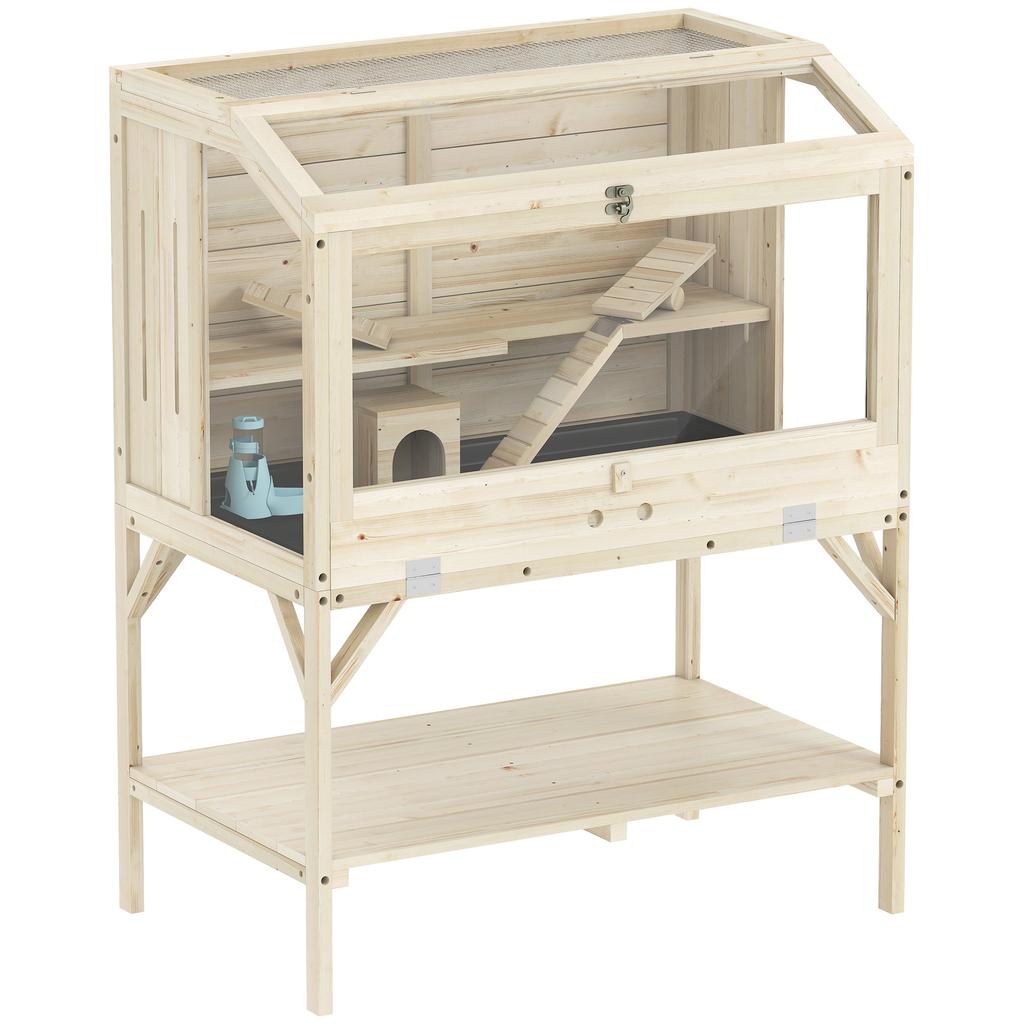 Hamster cage, 2 levels, small animal cage with storage compartment, accessories, 84 x 53 x 110 cm, natural wood
