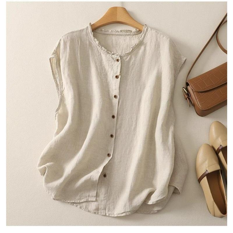 Women Beige Linen Blend Sleeveless Blouse With Ruffled Neckline And Button Front Casual Summer Top M бежевый