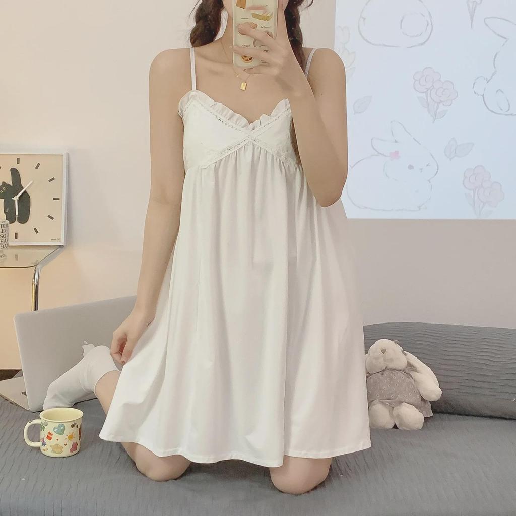 White Summer Nightdress with Chest Pad – Sweet, Pure Desire Style Imitation Cotton Pajamas for Women
