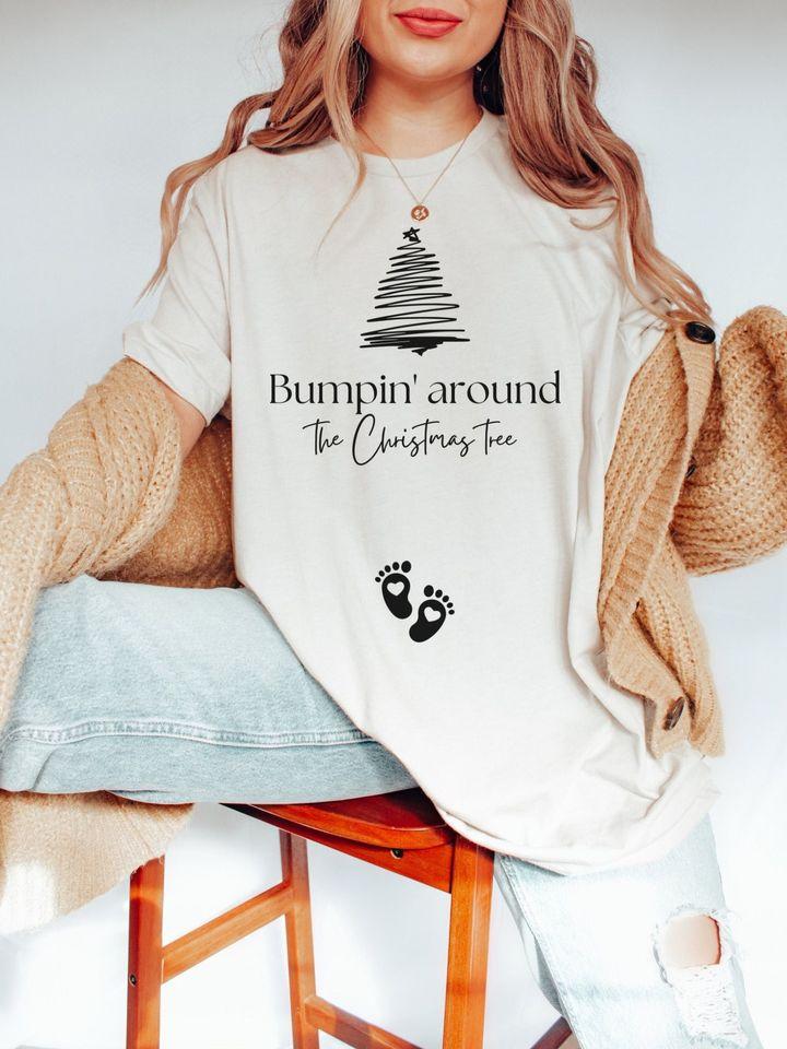 Christmas Pregnancy Announcement Shirt, Bumpin Around the Christmas Tree Maternity T-shirt, Funny Baby Reveal Tshirt To Family Classic T-shirt