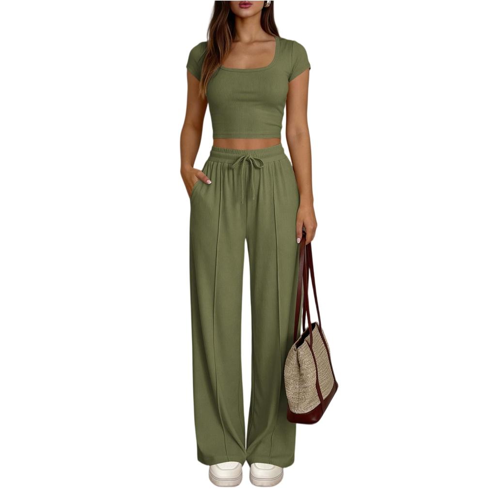 Ladies' Casual Slim Fit Two-piece Set With Short Sleeves And Long Pants
