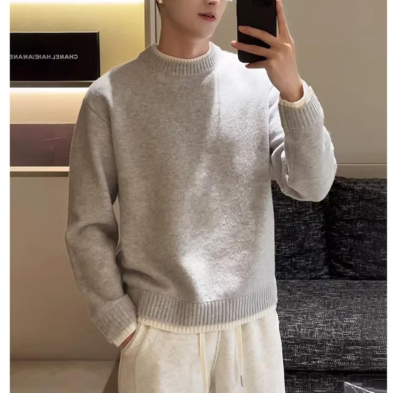 Men s Korean Style Grey Two-Piece Look Sweater - Winter Warm Knitwear Cleanfit Coat 3XL