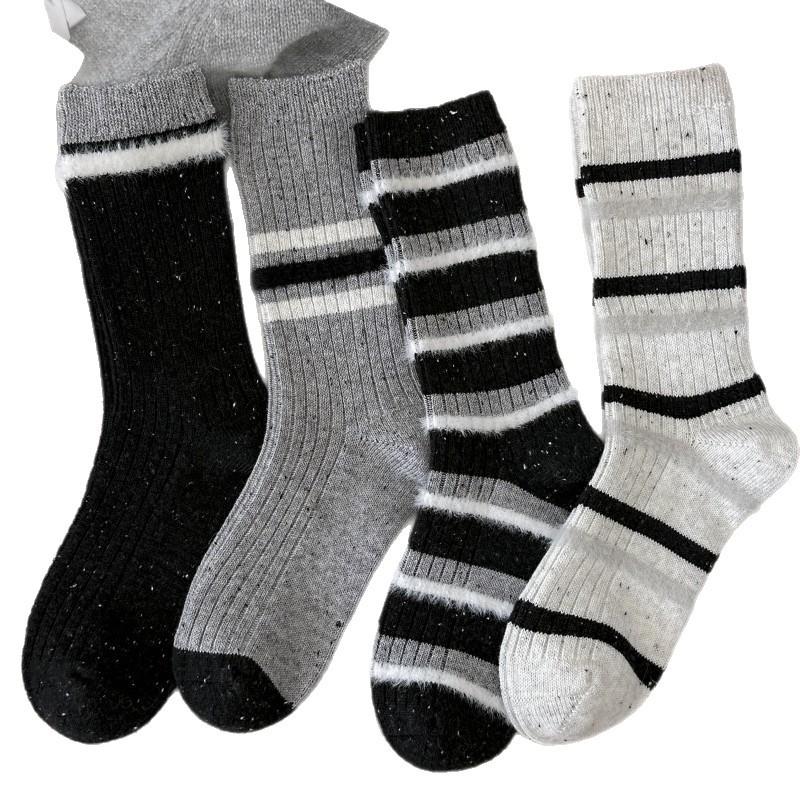 Grey Wool Socks, Autumn and Winter Socks, Women's Mid-calf Socks, Thick Thread Boneless Socks, Warm Thickened Striped Pile Long Socks