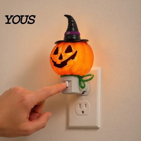 Soft Glow Night Light Halloween Pumpkin Ghost with Witch Hat, Resin Bedroom Plug-in LED Light, Spooky Wall Sconce for Party Home