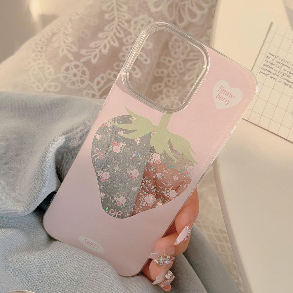 Strawberry Pulverized Flowers Suitable for Apple 17promax Mobile Phone Case 15 Fresh Sweet Iphone14 Glitter Powder 11 Pendant