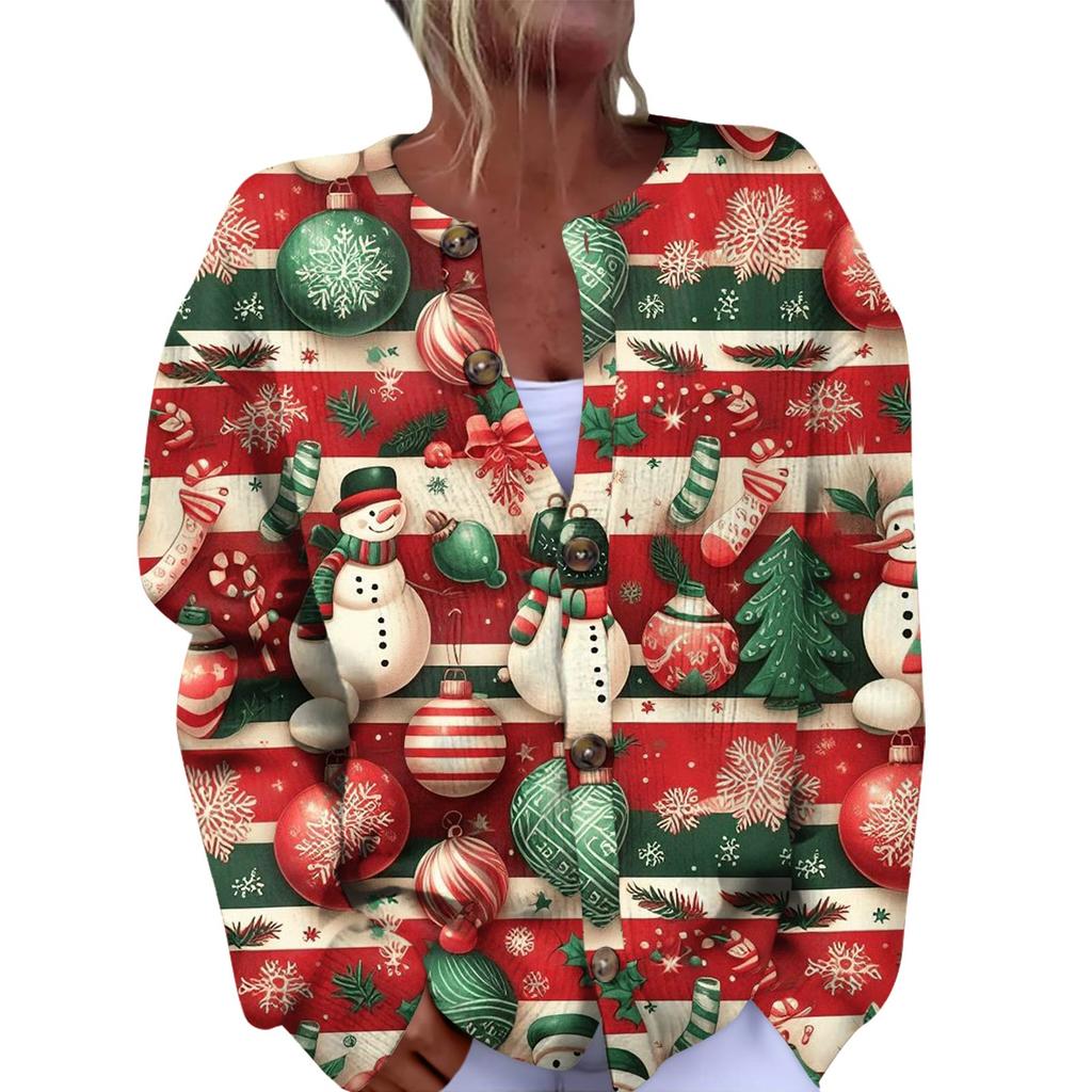Women's Fashion Christmas Printed Long Sleeve Knitted Cardigan Button Down Jacket