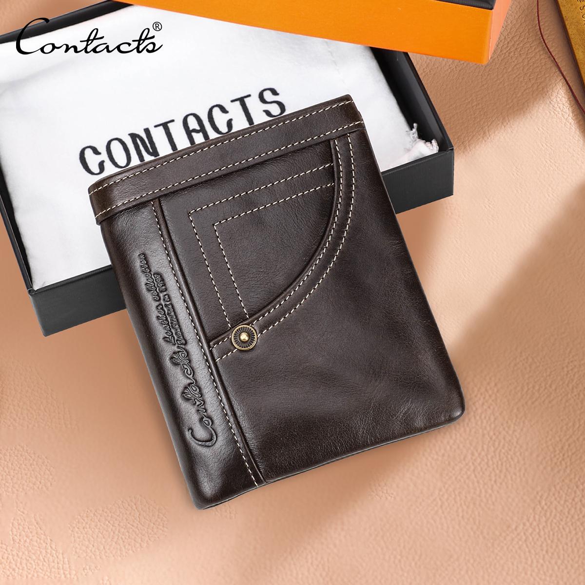 

CONTACT'S Винтажный мужской кошелек из натуральной кожи, короткие тонкие мужские сумки для денег, кошелек для монет, RFID-держатель для карт, кошельки, персонализированный кошелек, джинсовая сумка, дизайн