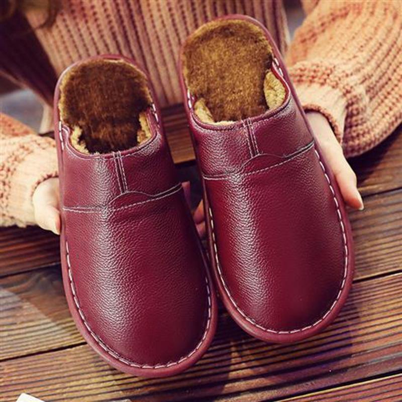 Männer Frauen Herbst und Winter Paar Leder Wasserdichte Baumwolle Hausschuhe Indoor Warm Non-slip Dicken sohlen Plüsch Schuhe