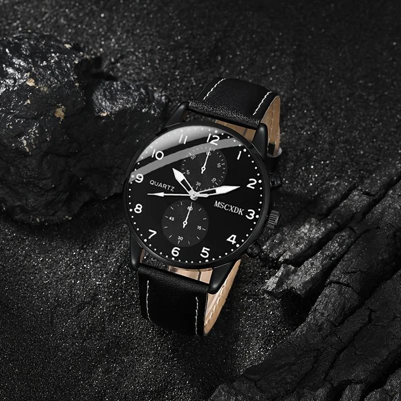 Stylish Men's Quartz Trio Watch Round Case PU Leather Strap Alloy Case Electronic Drive - 3 Piece Combination Watch
