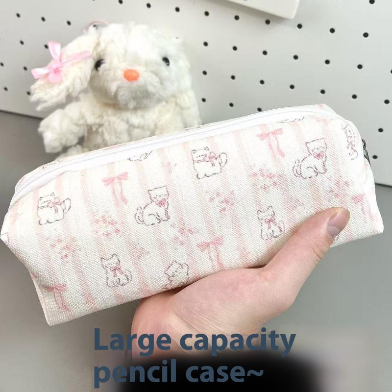 1Pcs Cartoon Bow Cat Pencil Pouch Large Capacity Pen Bag Stationery Storage Bag Small Makeup Bag School Office Supplies Gifts