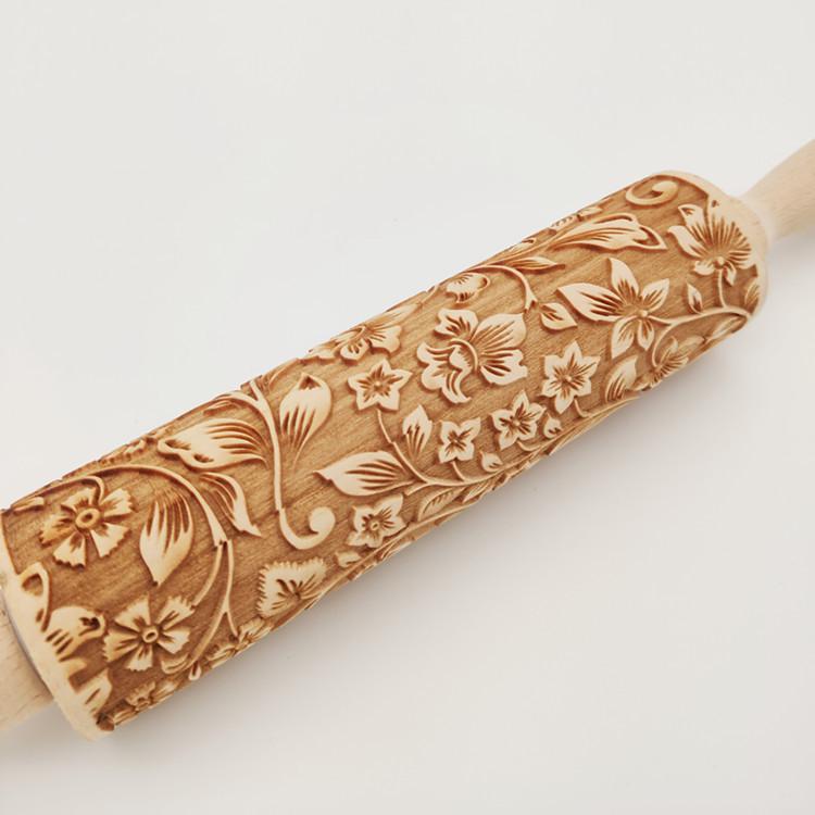 1 Pcs Wooden Sunflower Embossed Rolling Pin with Pattern for Kitchen Pastry Baking Tools Deep Engraving Cookies Stamp Tool