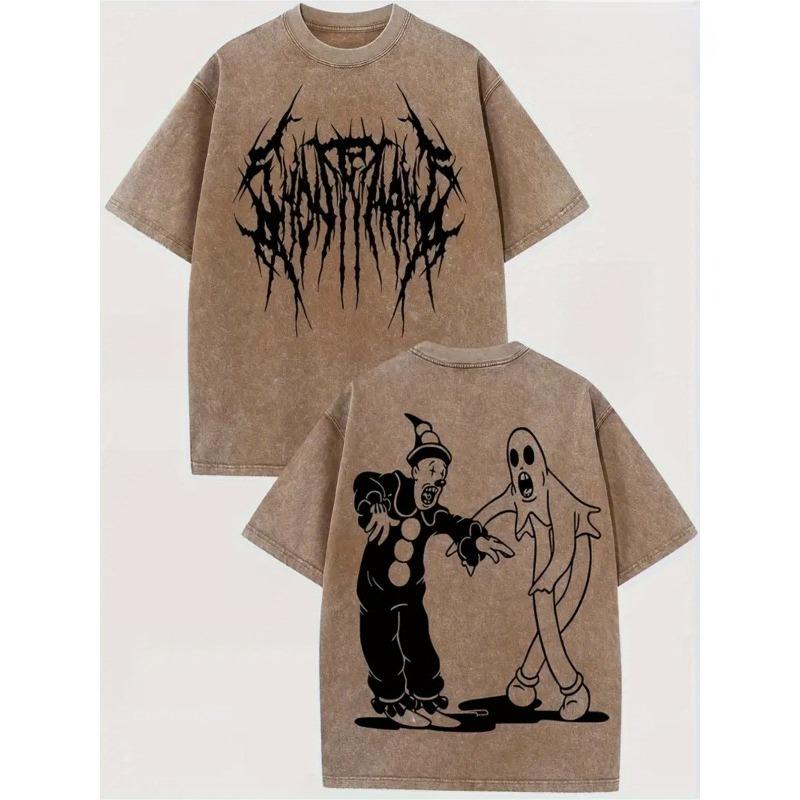 Men's Washed Solid Color T-shirt with Printed Patterns - Loose and Trendy Oversized Version, Retro and Vintage Style, Versatile and Casual