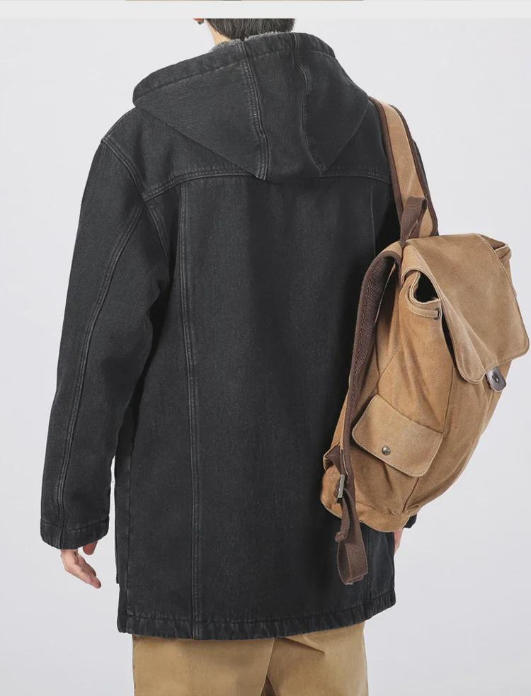 Men's Winter Fleece-Lined Loose-Fit Denim Jacket with Hood - Trendy Mid-Length Lambskin Windbreaker