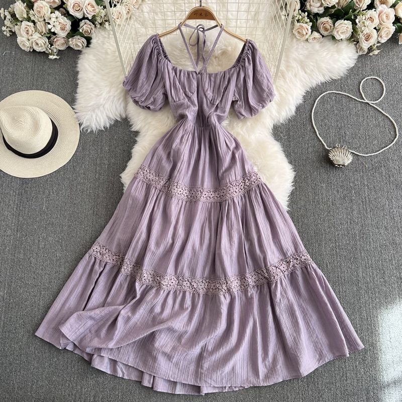 

Праздничный стиль квадратный воротник кружево розовое платье женское лето 2024 новое пляжное платье популярный западный стиль платье феи Purple One size